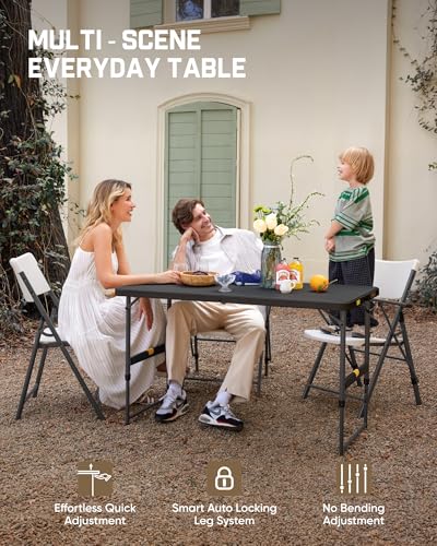 FanttikOutdoor Folding Table 4 Foot, Effortless Quick Adjustable Height Foldable Small Card Table, Fixing Lock, Stable for Party Dining Events Picnic Indoor Outdoor Camping, 1 Pack, Zeta X4 Pro Black - color: Black