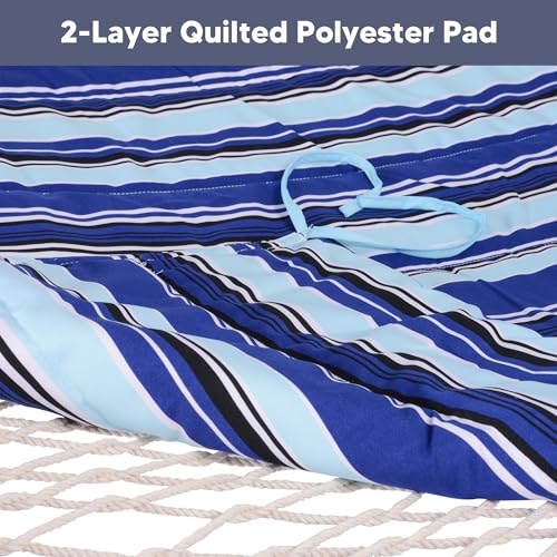 SUNCREAT 2 Person Hammock with Hardwood Spreader Bar, Outdoor Rope Hammock with Polyester Pad, 475 lbs Capacity, Blue Stripes - color: Blue Stripes