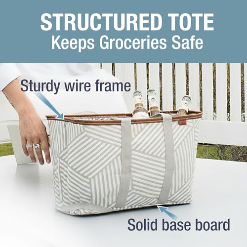 CleverMade Collapsible LUXE Tote, 30L Foldable Grocery Shopping Bag, Reusable - color: Geometric Taupe