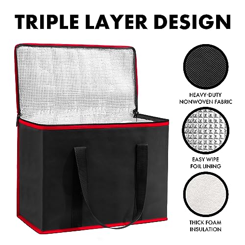 Carrywell (Not Made In China) Insulated Reusable Grocery Bags, Catering and Delivery Bag For Hot and Cold Food, Collapsible Thermal Tote For Doordash - color: Black With Red Trim, size: 1 pack, style: XL Insulated