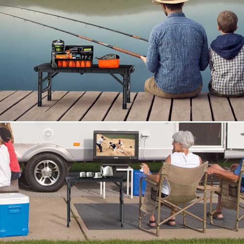 VINTEAM Camping Folding Table with Adjustable Height, Lightweight Portable Outdoor Picnic Table, BBQ Grill Side Table, Durable Aluminum Frame, MDF Desktop for Camping, Fishing, RV, Beach (Black) - style: 2-Fold MDF Tabletop