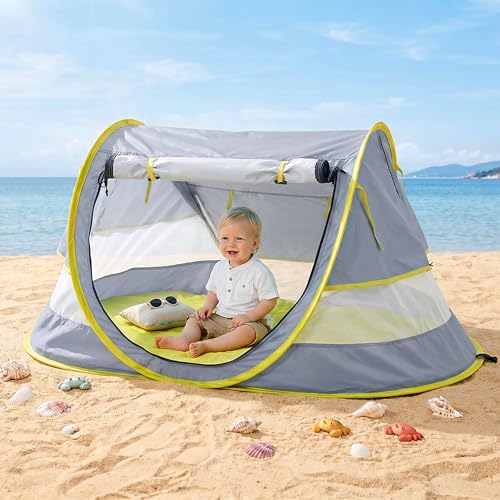 Poray Portable Baby Beach Tent with UPF 50+ Sun Shelter,Mosquito Net and Sunshade, Ideal Pop Up Kids Travel Tent with Carry Bag & 2 Stakes,Outdoor Indoor Play and Sun Protection - style: Large Deluxe Gray & Mat
