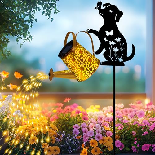 Solar Lights Outdoor Decorative, Watering Can with Cascading Lights, with Dog Silhouette Garden Stakes, Gifts for Mom Women, Waterproof Metal Garden Decor for Yard Art, Outside(1 Pack) - color: Dog 1 Pack