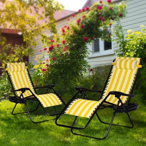 Nazhura Set of 2 Relaxing Recliners Patio Chairs Adjustable Steel Mesh Zero Gravity Lounge Chair Beach Chairs with Pillow and Cup Holder (Yellow Stripe) - color: Yellow Stripe