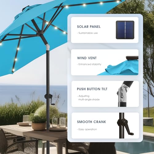 wikiwiki 9FT Solar Led Patio Umbrella with Base Included, 32 LED Lights, 8 Sturdy Ribs, Fade Resistant Waterproof POLYESTER DTY Canopy for Garden, Lawn, Deck, Backyard & Pool, Sky Blue - color: Sky Blue, size: 9FT