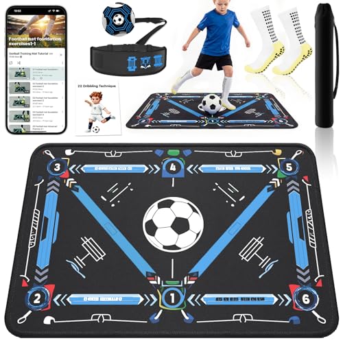 2F22E Soccer Training Mat for Kids & Youth, Non-Slip Silent Footwork Training Equipment with Soccer Bounce Trainer & Socks, Ball Mastery Skills Mat with Instructional Video for Indoor Practice - color: Blue