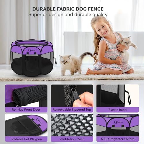 Siedihit Dog Cat Playpen, Puppy Pet Playpen, Small Dogs Tent Crates Cage Indoor/Outdoor, Portable Pop Up Dog Kennel Playpen with Carrying Case for Dogs/Cats/Rabbits,Purple - color: Purple