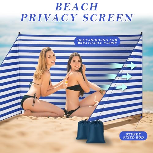 Tigeen 15 x 4.6 ft Beach Wind Screen Set Wind Blocker Sunbathing Privacy Screen Stripe with with 2 Metal Pole Ground Stake Carry Bag Portable Beach Windscreen for Summer Sand Outdoor Protection Sport