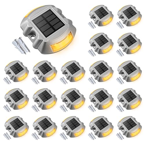 VOLISUN Solar Deck Lights Driveway Dock Lights, 20-Pack Led IP68 Waterproof Outdoor Warning Step Lights for Driveway Sidewalk Garden Pathway Yard(Warm White, Auto On/Off - color: Warm White, size: 20 Pack