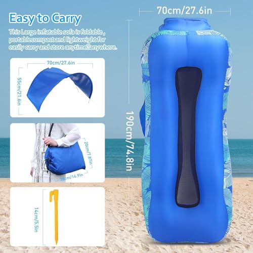 Inflatable Lounger with Detachable Sunshade — Portable Inflatable Sofa — Waterproof Beach Bed & Camping Chair (Ideal for Music Festivals, Hiking,) — Leak-Proof 210T Polyester Material (Blue) - color: Blue