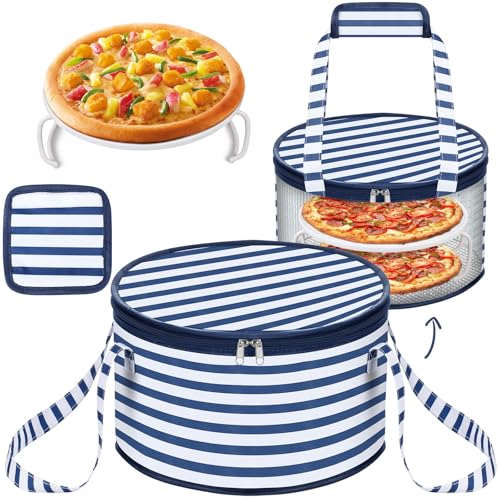 Pickmesh Round Pie Carrier 12 x 7 Inch Insulated Casserole Carriers with Lid and Detachable Handle for Hot or Cold Food Cake Transport Thanksgiving Christmas Gift (Blue White Stripes) - color: Blue White Stripes