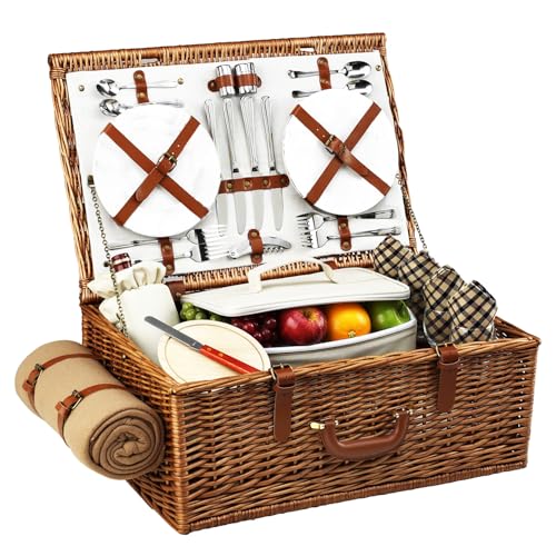 Picnic at Ascot Original Dorset English-Style Willow Picnic Basket with Service for 4 and Blanket- Designed, Assembled & Quality Approved in the USA - color: Wicker With London Plaid Plates/Napkins