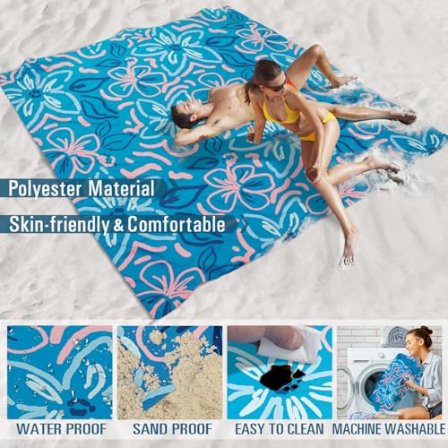 Famstar Beach Blanket Sandproof Waterproof 78''×110'' 1-7Adults Oversized,Compact Lightweight Durable Beach Mat for Travel Camping Hiking Picnic Blanket - color: Blue Flower, size: 78''×110''