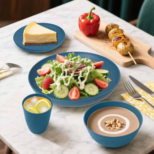 Wheat Straw Dinnerware Sets, 32 PCS Dishes Set for 8, Unbreakable Lightweight Reusable Plates and Bowls Sets for Kitchen Outdoors RV Camping Patio, Dishwasher & Microwave Safe - Blue - color: Blue, size: 32 PCS