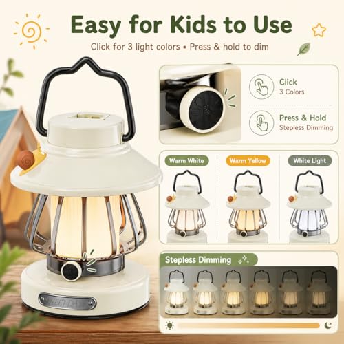 HOMY Snail Camping Lantern for Kids USB Rechargeable, 3 Color Dimmable LED Light, Portable Outdoor Indoor Night Light for Toddlers, Tent, Bedroom & Power Outages (Milk White) - color: White