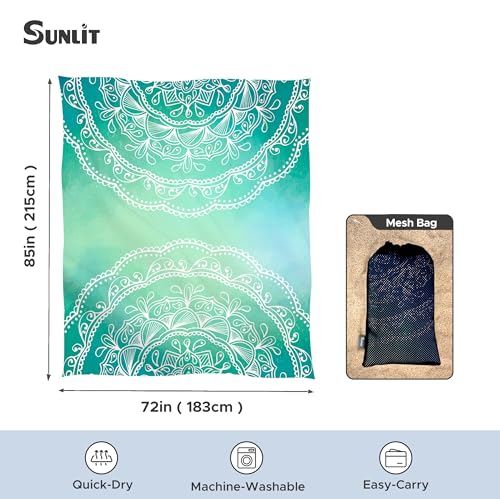Sunlit Silky Soft Sand Proof Beach Blanket 106"x81" / 85"x72" Sand Proof Mat with Corner Pockets and Mesh Bag for Beach Party, Travel, Camping and Outdoor Music Festival, Mandala - color: Turquoise, size: 85"x72"