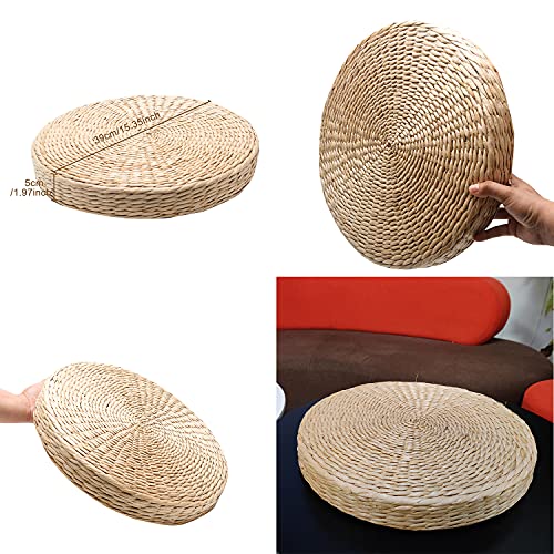Natural Woven Grass Cushion - Pillow Floor Mat - Round Braided Pad - Handmade Straw Woven Rush Yoga Mat - Flat Seat Cushion for Garden Dining Room Living Room Home Decor(Beige)