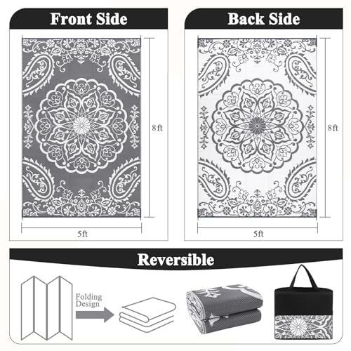 Pauwer Waterproof Outdoor Rug 5x8, Reversible Plastic Straw Patio Camping Rug, Indoor Outdoor RV Mat Carpet for Deck, Camper, Porch, Balcony, Backyard, Picnic, Boho Grey - color: Boho Grey, size: 5' x 8' (Rectangular)