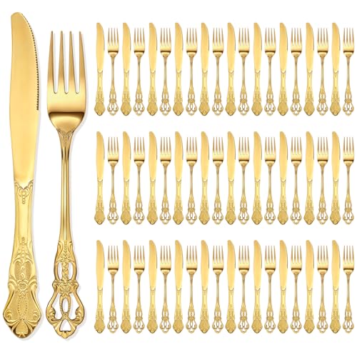 Dandat 60 Pcs Forks and Knives Cutlery Set Stainless Steel Steak Knives Forks Flatware Royal Silverware Set for Wedding Party Restaurant Dishwasher Safe (Gold)