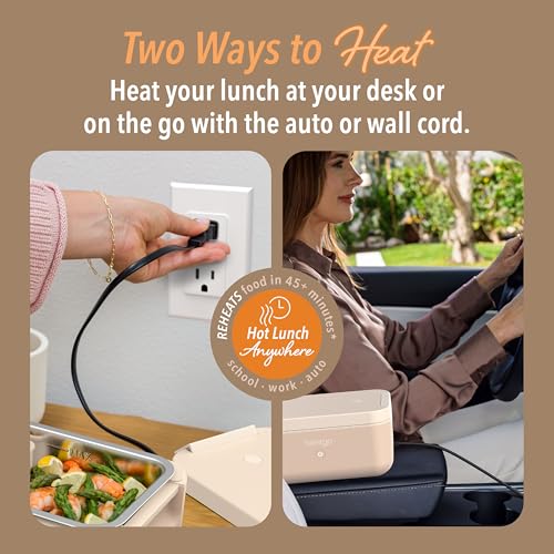 Bentgo Heat - Electric Lunch Box - Portable Food Warmer for Adults, Heated Lunch Box for Work, Travel, School & On the Go, Plug Into Wall or Car, Ideal for Ages 14+, 12V/24V & 120V Cords (Latte) - color: Latte