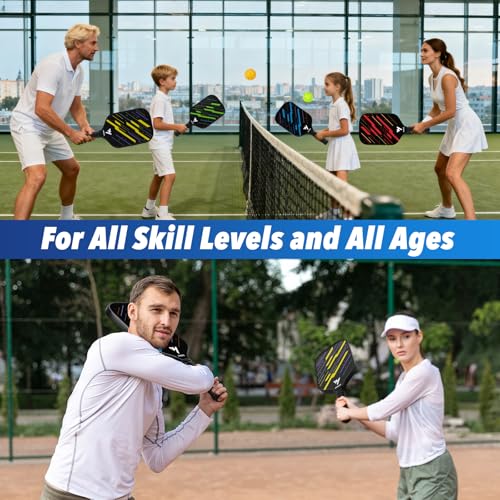 Pickleball Paddles Set of 4, Carbon Fiber Pickle Ball Paddle Set, Lightweight Indoor Outdoor Play Rackets Equipment 4 Pack with 4 Balls & Bag Family Beginner Christmas Men Women Kids Adult Gift