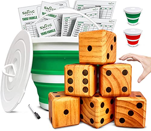 SWOOC Games - Yardzee, Farkle, & 20+ Giant Dice Games - Yard Dice (All Weather) with Bucket, Scorecards, & Marker - Giant Outdoor Game - Large Yard Game for Adults - Big Jumbo Die Set with Bucket - color: Green, size: 3.5" Dice