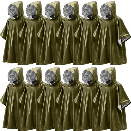 Tellegloww Emergency Ponchos with Polyester Film Blanket Liner Waterproof Windproof Thermal Survival Blanket Rain Ponchos - color: Green