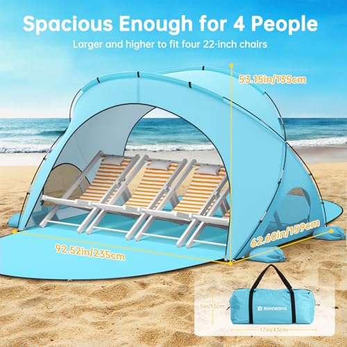Raynesys Beach Tent Sun Shelter, Beach Shade Tent with UPF50+ UV Protection, Sun Shelter for 1-4 Person, Beaches Shade with 2 Zippered Doors, Portable Tents for Camping Fishing, Light Blue - color: Light Blue, size: For 4 Person