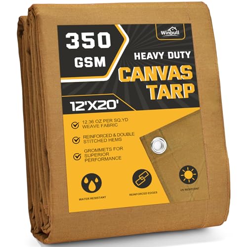 Winpull Heavy Duty Canvas Tarp 12x20 ft, 12oz (350 GSM) Polyester Canvas Water-Resistant Tarp with Rustproof Grommets, Tear-Resistant Outdoor Cover for Wood Piles, Camping, Trailer & Equipment - color: Tan, size: 12'x20'