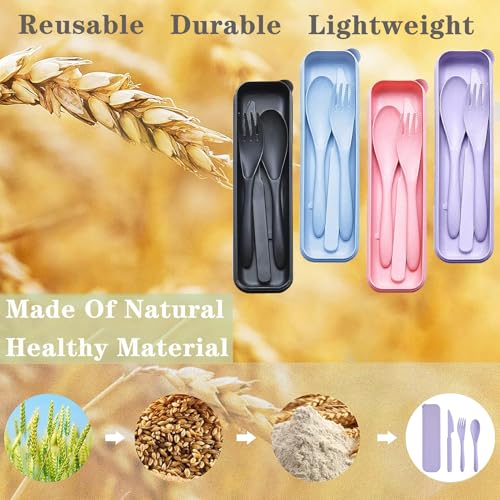 Reusable Travel Utensils Set with Case, 4 Sets Wheat Straw Portable Plastic Fork Spoons Knife Cutlery, Camping Eco-Friendly BPA Free Tableware for Kids Adults Work Picnic or Daily Use (Colorful) - color: Multicolor