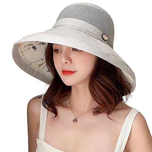 Women Mesh Sun Hats Summer Beach UV Protection UPF Packable Wide Brim Chin Strap - color: Grey