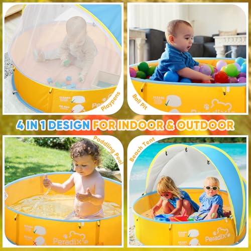 Peradix Baby Beach Tent, Paddling Pool for Kids & Pets with UV Sun Shelter Canopy, Mosquito Net - Portable Pop Up Infant Ball Pit Tent, Toddler Wading Pool, Perfect for Summer Beach Fun - color: Yellow-blue