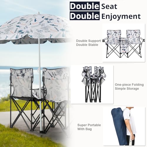 Double Folding Camping Chair W/Umbrella Fold Up Table Beverage Holder Carrying Bag Cooler for Patio Pool Park Outdoor Beach, Picnic, Portable (Coconut) - color: Coconut