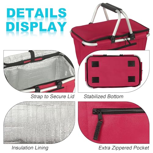Picnic Basket, SIYUAN 27L Collapsible Insulated Farmers Market Basket for Shopping Traveling Large Grocery Tote Bag with Handles Red - color: Red