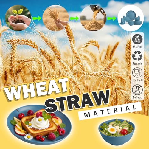 Wheat Straw Dinnerware Sets, 32 PCS Dishes Set for 8, Unbreakable Lightweight Reusable Plates and Bowls Sets for Kitchen Outdoors RV Camping Patio, Dishwasher & Microwave Safe - Blue - color: Blue, size: 32 PCS