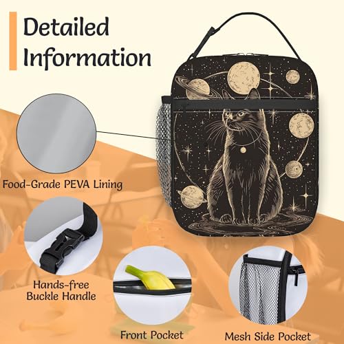 Black Cat Lunch Bag for Kids,Astrology Planet Insulated Lunch Box for Women, Large Capacity with Mutiple Pockets Gilrs Boys School Thermal Bag for Work,Picnic,Hiking - color: Black Cat