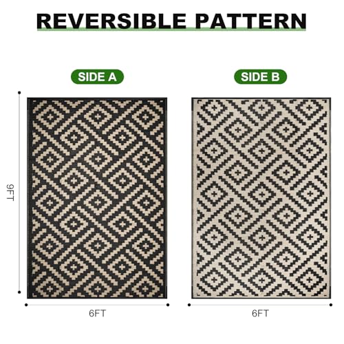 RURALITY Outdoor Rugs 6x9 Feet for Patios Clearance,Plastic Straw Waterproof Mats for Backyard,Porch,Deck,Balcony,Black&Beige - color: Cross-black&beige, size: 6' x 9' (Rectangular)