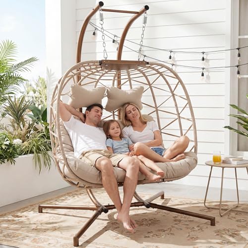 BLUEXYARD Outdoor Double Egg Swing Chair with Cover and Stand, 2 Person Sturdy Hanging Wicker Hammock Chair, Comfy Patio Loveseat with Cushion for Porch Balcony Bedroom Backyard, Beige - color: Beige/Beige, size: 2 Seats with Cover