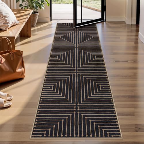 Lahome Neutral Geometric Kitchen Rugs, 2x8 Washable Entryway Hallway Runner Rug Non Slip, Farmhouse Rhombus Low Pile Non Shedding Black Indoor Outdoor Carpet Runner for Laundry Room - color: Black/Nature, size: 2.6x8