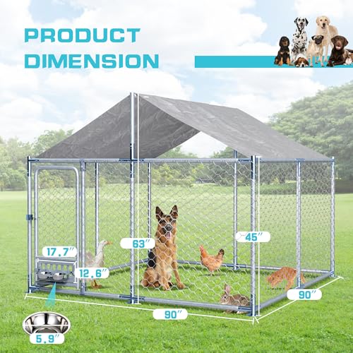 7.5ft×7.5ft Outdoor Large Dogs Kennels Enclosure - Outside Dog Cage with Waterproof roof Cover, Galvanized Steel Dogs House Fence Playpen with Rotating Feeders for Patio Backyard Farm Gardens - size: 90"D×90"W×63"H- w/rotating feeders