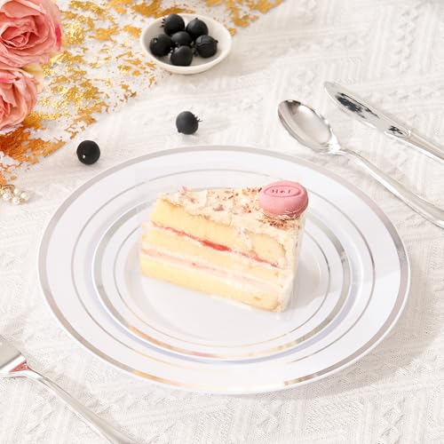 Fijinhom 200PCS Silver Plastic Plates, Disposable Plates with 100PCS 10" Dinner Plates & 100PCS 7" Dessert Plates for 100 Guests, Plastic Party Plates for Wedding, Birthday, Silver - color: Silver, size: 100 Guests-200pcs