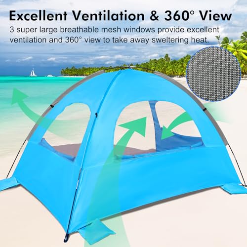 WhiteFang Beach Tent Anti-UV Portable Sun Shade Shelter for 3/4/6/8 Person, Extendable Floor with 3 Ventilating Mesh Windows Plus Carrying Bag, Stakes and Guy Lines - color: Blue, size: 4 Person