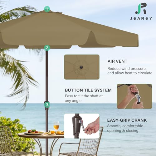 JEAREY 9 FT Patio Umbrella Outdoor, Table Umbrellas Market Umbrella w/Push Button Tilt/Crank, 8 Sturdy Ribs(Tan) - color: Tan