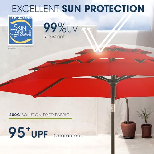 wikiwiki 9ft 3-Tier Patio Umbrella Outdoor Table Market Umbrella for Patio with Push Button Tilt/Crank, Fade Resistant Waterproof POLYESTER Canopy for Garden, Lawn, Deck, Backyard & Pool, Light Red - color: Light Red, size: 9 FT