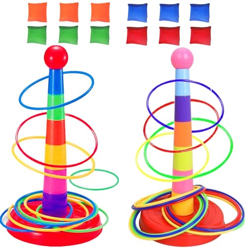Colorful Plastic Sport Ring Toss Game Set for Kids,2 Colorful Columns+48 Rings+12 Bean Bags,Outside Toys Carnival Ring Circle Game,Outdoor Kids Sports Educational Toys - color: Multicolor, 36 rings