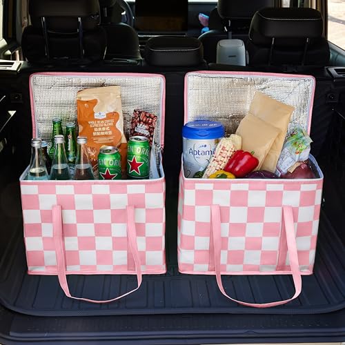 Ohocut Checkered Insulated Grocery Bags 2 Pack, Checkerboard Cooler Shopping Bags for Groceries, Insulated Bags for Food Delivery - color: Pink