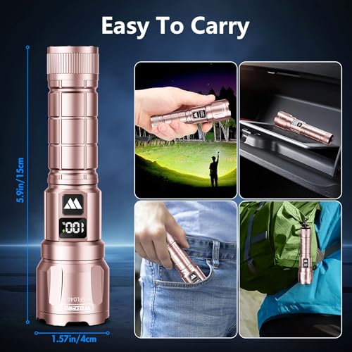 WdtPro LED Rechargeable Flashlight 2 Pack, 3 Modes Super Bright High Lumens Flashlights, Zoomable Tactical Flash Light with LCD Display, IP65 Waterproof Flashlights for Home Emergency Camping - Pink - color: Pink