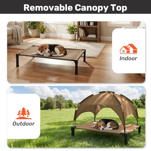 Heeyoo Elevated Dog Bed with Removable Canopy, Portable Dog Cot with Sun Protection Shade Tent, Raised Pet Cooling Cot Bed for Dogs, 51in - color: Brown, size: 51"L x 36"W x 9.5"H