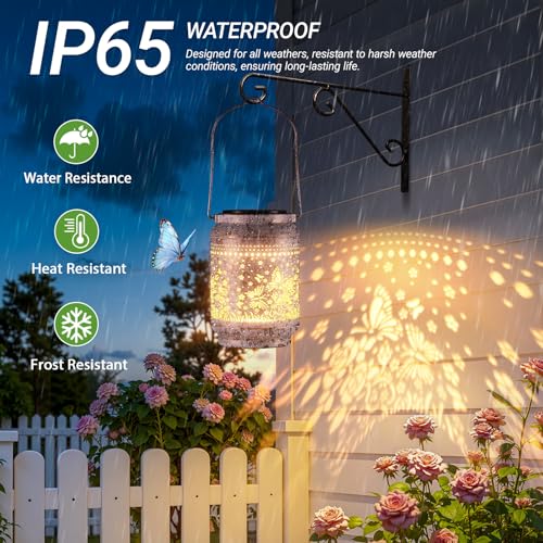KOOPER 2 Pack Solar Lanterns Outdoor Waterproof Mothers Day Gifts for Women Mom Grandma, Metal Butterfly and Rose Hanging Solar Lantern Outdoor, 2 Modes Outdoor Decoration for Yard, Patio, Garden - size: White, style: Butterflies
