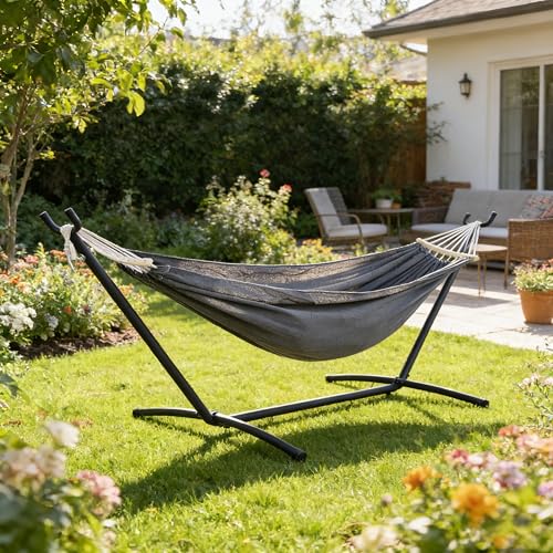 Free Standing Hammock with Stand, 550lbs Capacity - Anti-Flip Curved Spreader Bars - Premium Cotton Portable Hammock for Deck, Porch, Garden - Easy Assembly with Carrying Bag, Heather Gray - color: Heather Gray